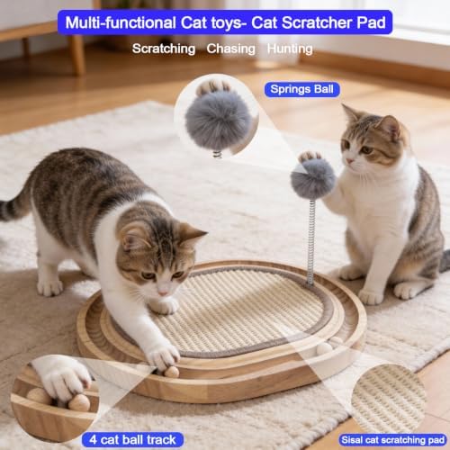 Sisal Cat Scratcher Pad with Wooden Ball Track Toy,Interactive Cat Toys for Kittens & Adult Cats Indoor, Anti-Scratch Furniture Protector for Bored Pet, Cat Enrichment Puzzle