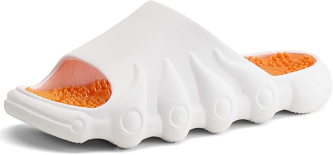 Plantar Fasciitis Relief Foot Massager for Plantar Fasciitis Shoes Women Acupressure Massage Slippers Reflexology Sandals Relaxation Gifts for Mom Dad Parents (White Orange,women9.5-10/men 9-10.5)
