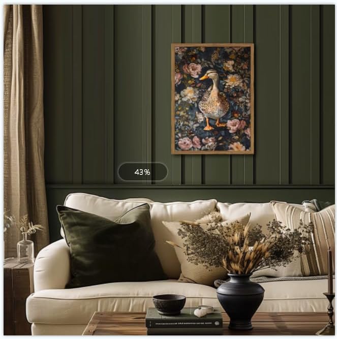Vintage Mallard Duck Wall Art, Whimsical Dark Cottagecore Duck Wall Decor Painting Moody Animal and Botanical Poster Canvas Print for Living Room Bedroom 16x24 inch Wood Framed