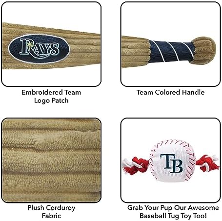 MLB Tampa Bay Rays Baseball Bat Toy for DOGS & CATS. Soft Corduroy Plush Dog Toy with Inner SQUEAKER, MLB Chew Toys for Dogs or Cats. Durable Fun Interactive Dog Toy with Team Names and Logo