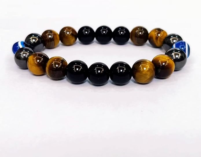 Evil Eye with Hematite Black Obsidian Tiger Eye Stone Triple Protection Bracelets for Men Women, Crystal Healing Stone Bracelet Bring Luck Prosperity and Happiness Jewelry