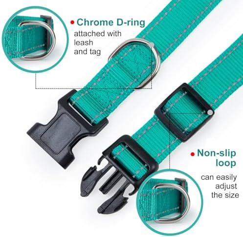 Reflective Dog Collar for a Small, Medium, Large Dog or Puppy with a Quick Release Buckle - Boy and Girl - Nylon Suitable for Swimming (Cyan, L)