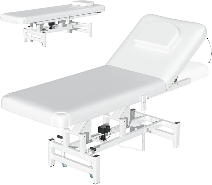 Electric Lift Massage Table for Estheticians, Professional Facial Bed with Adjustable Backrest, Waxing Table, Heavy-Duty 1500lbs Capacity (White)