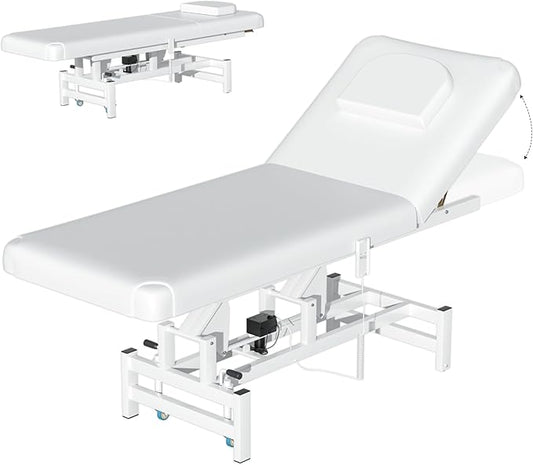 Electric Lift Massage Table for Estheticians, Professional Facial Bed with Adjustable Backrest, Waxing Table, Heavy-Duty 1500lbs Capacity (White)