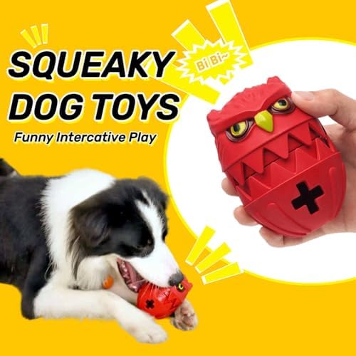 Interactive Dog Toy, Owl-Shaped Treat Dispenser, Squeaky Durable Natural Rubber Chew Ball,Red