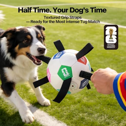 FIFA® Licensed 6 Inch Dog Soccer Ball with Straps, Dog Tug Ball