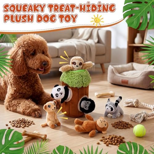 Skylety 7 Pieces Hide and Seek Dog Toys Activity Puppy Chew Squeaky Toys Plush Stuffing Woodland Stuffing with Squeakers for Small Medium Pets Dogs Puppy Gift(Funny,Small)
