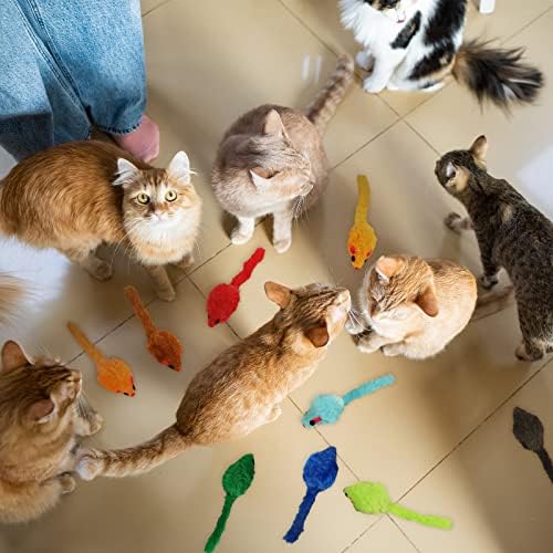 Sosation 120 Pcs Rainbow Furry Cat Mouse Toys Interactive Rattle Cat Toy Mice Small Soft Rustle Sound Kitten Toys for Pets Cat Puppy Kittens Play, Assorted Colors