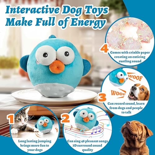 GUKCO Interactive Dog Toys, Moving Ball Toy with Jumping & Music (Puffer) | Rechargeable Plush Toy with Crinkle Paper for Small, Medium & Large Dogs to Keep Them Busy