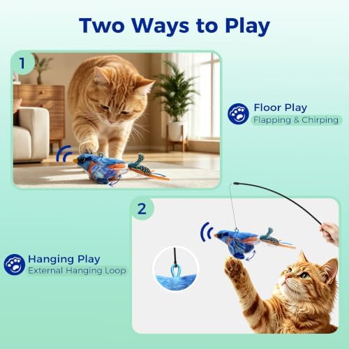 Interactive Flapping Bird Cat Toy for Indoor Cats, Auto Chirping Cat Toys, Touch Activated Rechargeable Self Play for All Breeds Cat Kicker Toys, with 5 Bird Covers and Catnip Pouches
