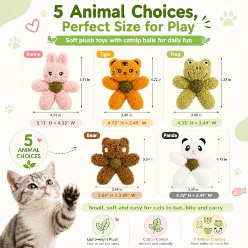 Cat Toys with Catnip Kitten Chew Bite Supplies Boredom Relief Fluffy Kitty Teeth Cleaning Chewing Cat Lovers Interactive Plush Gift (Frog&Panda)