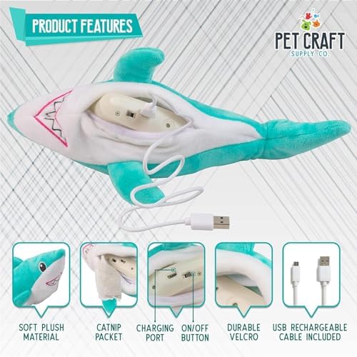 Pet Craft Supply Wiggle Pickle and Shimmy Shark Flipper Flopper Interactive Electric Realistic Flopping Wiggling Moving Fish Potent Catnip and Silvervine Cat Toy, Multi (8726), All Breed Sizes
