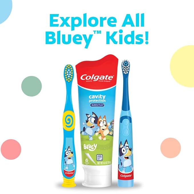 Colgate Kids Bluey Toothpaste with Fluoride for Cavity Protection, Ages 2+, ADA Accepted, Sugar Free and Gluten Free, Bubble Fruit Flavor, 4 Pack, 4.6 Oz Tubes