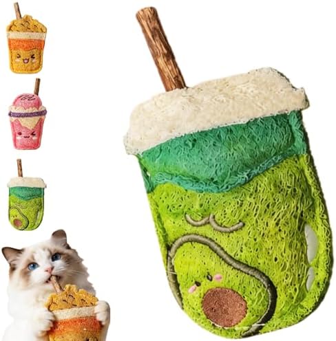 Natural Loofah Chew Cat Toys Janpanese Style, Dental Care Silvervine Sticks for Indoor Cats and Kittens, Milk Tea Cup-Shaped Catnip Treat Toys (Green)