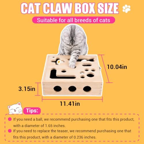 Large Cat Nail File Box, Sturdy Wood with 3 Small Balls & 2 Cat Teaser