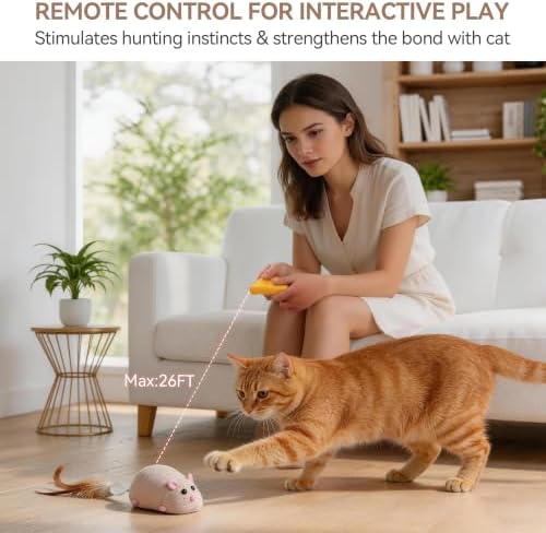 ALL FOR PAWS Remote Control Cat Mouse Toy, Interactive Moving Mouse Toy for Kitten Indoor Cats, 4-Direction RC Cat Toy with Feather Tails, Rechargeable Automatic Cat Toy for Exercise&Hunting Instinct