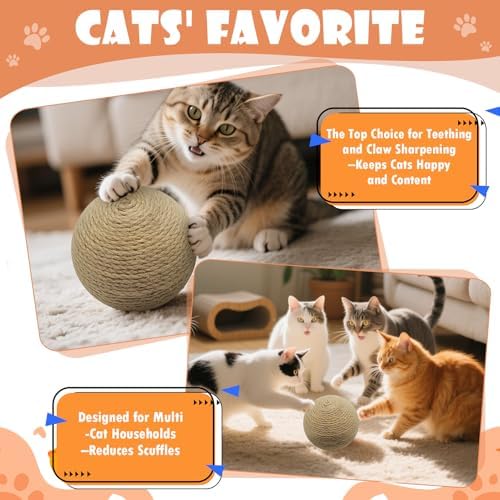 Sisal Cat Ball Toy, Large 6.3 inch Interactive Natural Cat Scratching Ball, Perfect Scratcher for Cats' Exercise and Fun