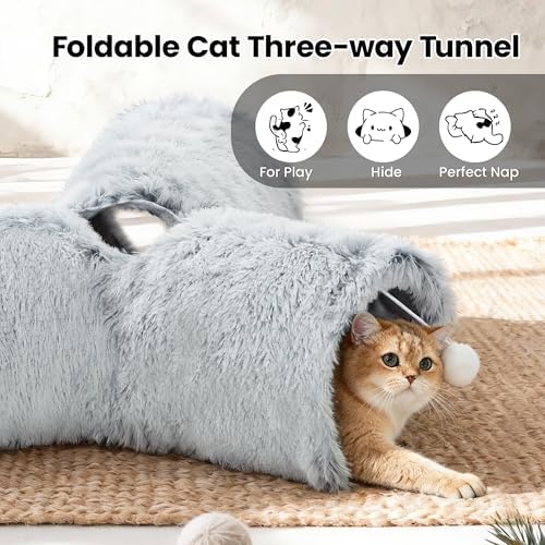 Tempcore Plush Cat Tunnel, 3-Way Collapsible Toy for Indoor Cats, Grey