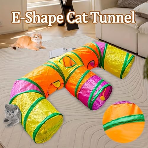 3 Way Collapsible Cat Tunnels with Interactive Ball, E Shape Folded Pet Tube Toy for Indoor Cats, Puppy, Kitty, Kitten, Rabbit