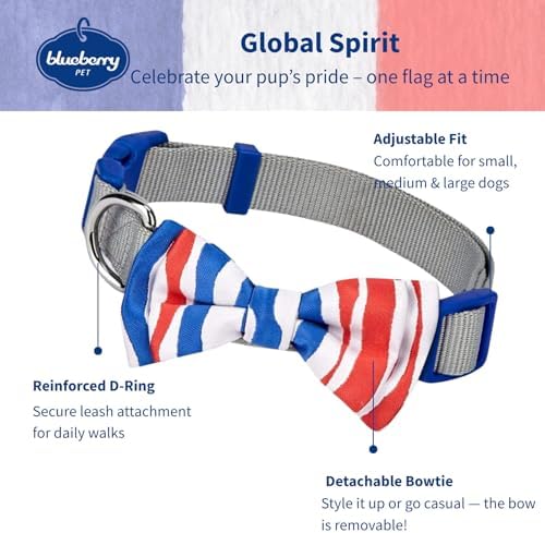 Blueberry Pet 2 Patterns Patriotic Spirits France Flag Adjustable Bowtie Grey Dog Collar - Handmade Bow Tie w/Jacquard Weave Fabric, Small, Neck 12"-16"