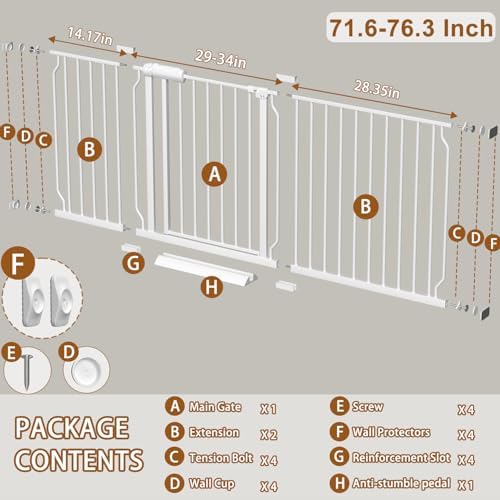 Fairy Baby Extra Wide Baby Gates 71.7-76.3 Inch, Auto Close Child Safety Gates for Stairs Banister Doorways Hallway,Indoor Safety Child Gates for Kids or Pets