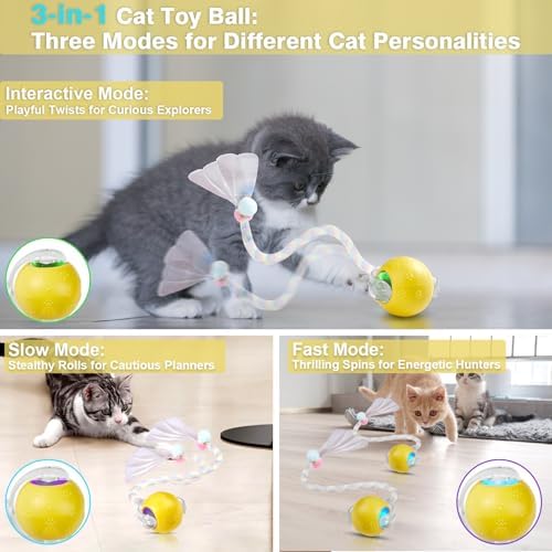 Interactive Cat Toys for Indoor Cats, Fast Rolling, Chirping, Motion Activated Automatic Cat Toy for Enrichment, Smart Cat Ball Toy 1 Count with 2 Tails and 3 Speed Adjustment, Yellow