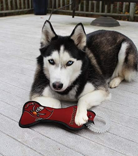 Pets First NFL Tampa Bay Buccaneers Football Dental Tough Dog TUG Bone Toy with Built-in Squeaker Attached to a Safe Rubber Teething Toothbrush PET Toy, Team Color, 14 x 5 (TBB-3310)