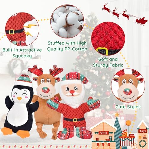 3 Pack Christmas Dog Toys,Christmas Squeaky Interactive Dog Toys with Crinkle Dog Gifts for Puppy, Small, Medium, Large Dogs