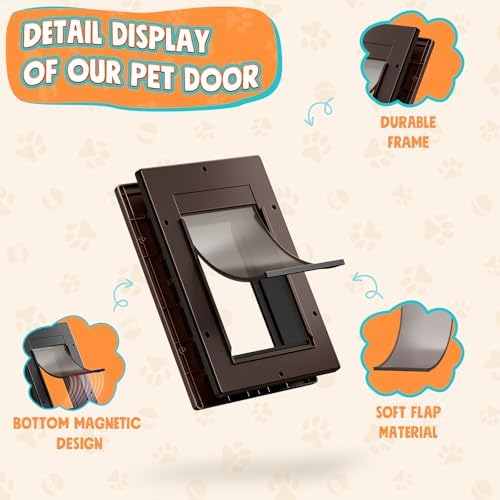Cat Door for Interior & Exterior Doors, Pets Up to 20 lb, Brown | ﻿Soft Magnetic Flap, Sliding Lock Panel, Adjustable Tunnel, Save energy, Prevents Paw Pinching, Easy DIY Installation