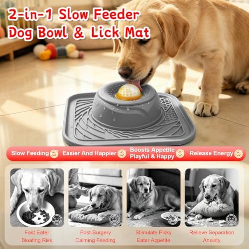 Slow Feeder Dog Bowl & Lick Mat,2-in-1 Dog Lick Bowl with Interactive Rolling Ball for Liquid and Thick Treats,Anti-Slip Dog Lick Bowl for Dogs & Cats