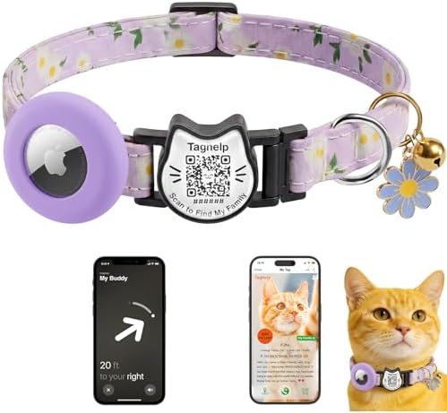 Smart Breakaway Cat Collar with QR Code Pet ID, Built-in AirTag Holder, Adjustable Cotton Cat Collar with Bell for Kittens and Adult Cats ，Pastoral Style with airtag Holder(Purple)