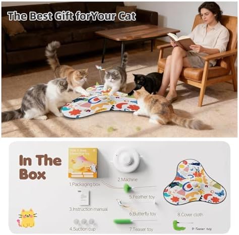 Interactive Cat Toys for Indoor Cats,3-in-1 Hide and Seek Cat Toy with Moving Concealed Wand Feather&Fluttering Butterfly,3 Prey Sounds，Auto Chargeable Play Mat for Bored Adult Cats&Kittens(White)