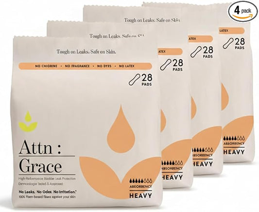 Attn: Grace Heavy Incontinence Pads for Women, 4-Pack (112 Pads Total / 28 per Pack) - Plant-Based, High Absorbency, Breathable - Incontinence Pads for Heavy Bladder Leaks & Sensitive Skin