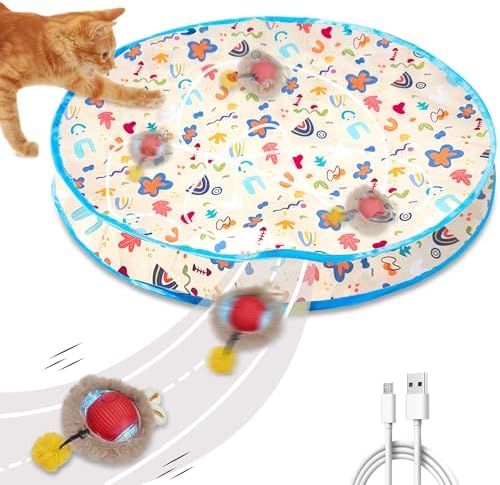 Interactive Cat Toys, Fast Rolling Ball in Play Mat, Automatic Motion Activated Ball Hide and Seek for Cat Indoor Toys, Mouse Catching Game Boredom Relief, 28" Mat