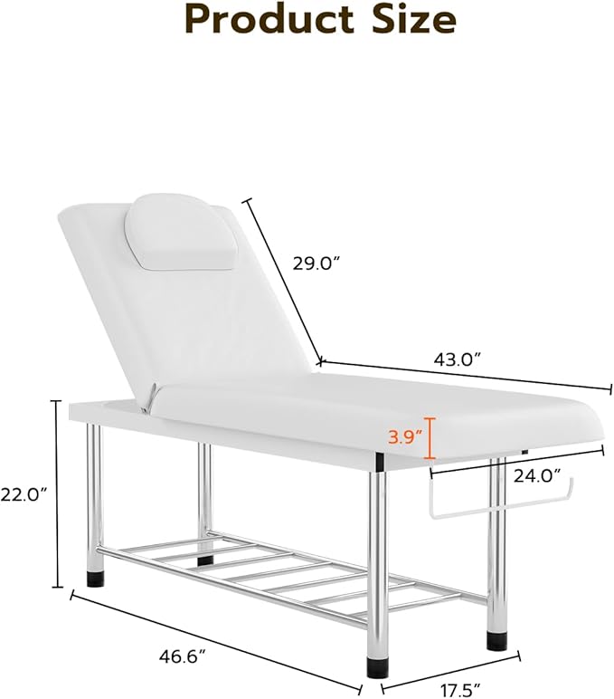 SyyBhb Professional Stationary Massage Table, 550lbs Heavy Duty Wide Exam Bed for Treatment, Backrest Adjustable, Removable Headrest, Bottom Shelf Storage and Towel Hook, White