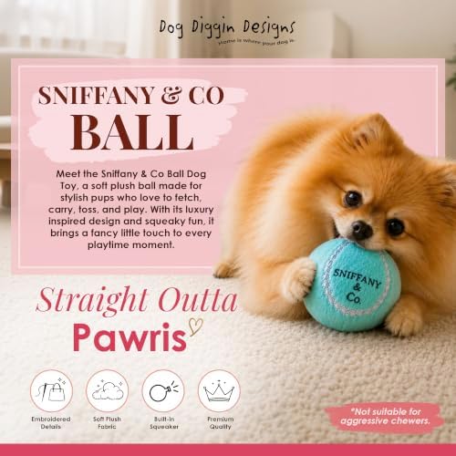 Dog Diggin Designs Sniffany & Co Plush Squeaky Dog Toy Ball | Luxury-Inspired Parody Designer Ball with Squeaker, Soft Plush Fetch Dog Toy – Prêt-à-Porter Play!