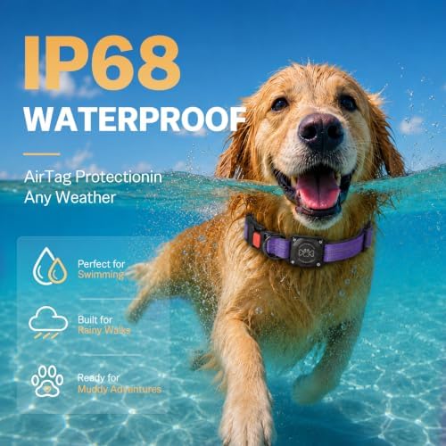Geamen Dog Collar for Airtag Waterproof QR Code Reflective Collar(Purple,M | Built-in Waterproof Holder, QR Code Tag, Reflective,Secure Buckle