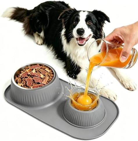 Slow Feeder Dog Bowls Set 2 in 1,Anti-Slip Dog Lick Bowl with Rolling Ball,Interactive Slow Eating Toy for Liquid and Thick Treat,Dog Licking Toy for Large Medium Small Dogs and Cats.(Gray)
