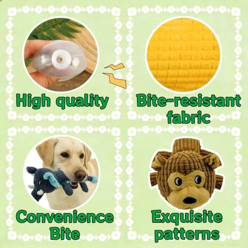 4 Pack Squeaky Dog Toy No Stuffing with 2 Squeaker Body, Plush Animal Interactive Chew Dog Toy for Small Medium Large Dogs