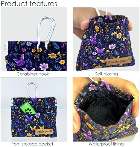 Raisingwell Dog Treat Pouch, Pocket Sized Pet Training Pouch, Cotton Fabric, Hand Free Purple Flower Dog Walking Bag with Carabiner, Self-Closing Pet Feed Snack Reward, for Puppy Travel or Outdoor Use