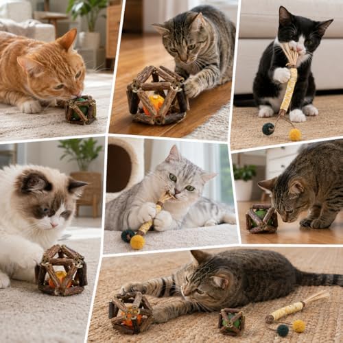 3 Pack Cat Toy Set, Catnip Vine Ball, Bell Vine Ball and Raffia Chew Stick, Natural Interactive Cat Chew Toys for Indoor Cats, Kitten Teething, Licking, Batting, Chasing, Pouncing, Boredom Relief Fun
