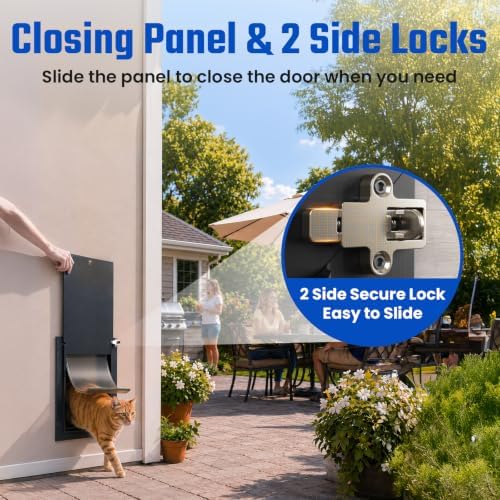 Cat Door for Wall, All Aluminum Doggy Doggie Pet Door Small Dog Door, With Closing Panel, 2 Magnetic Flaps Energy Efficient, Wide Telescoping Tunnel for Interior & Exterior Wall, Pets Up to 22Lb Black