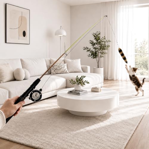 Cat Teaser Wand, 30-Inch Retractable Cat Fishing Pole Toy with 5 Replacement Teaser Toys, Fox Tail, Swallow, Butterfly and 2 Caterpillars, Interactive Indoor & Outdoor Cat Toy