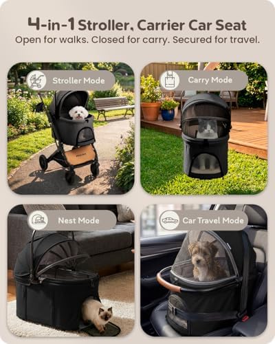 Pet Stroller with Detachable Carrier for Small & Medium Dogs & Cats, Smooth Comfort Ride with Shock-Absorbing Suspension, Foldable Dog Stroller, Compact Storage (Midnight Black)