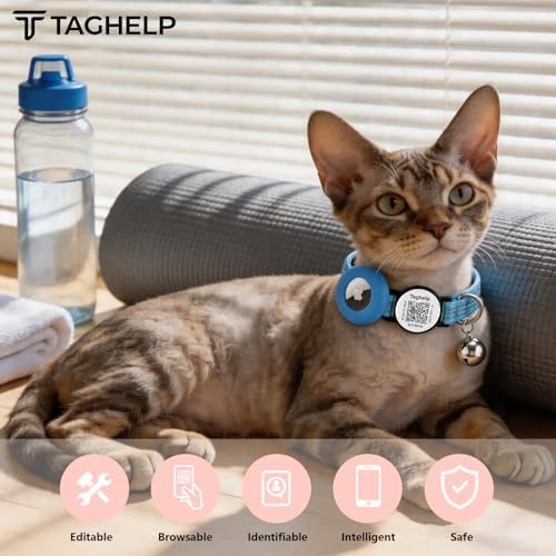 Reflective AirTag Cat Collar Breakaway, TAGHELP GPS Cat Collar with Apple Air Tag Holder, Cat Tracker Collars with Safety Elastic Band for Girl Boy Cats, Kittens and Puppies (Blue)