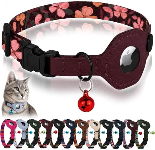 Breakaway Cat Collar with Leather AirTag Holder & Bell - Apple Air Tag Cat Collars for Girls & Boys, Lightweight Anti-Lost GPS Tracker Design, Printed Pattern - Safety and Adjustable (Crossandra)