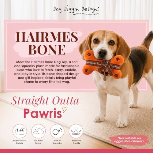 Dog Diggin Designs Hairmes Bone Plush Dog Toy – Fashion Inspired Squeaky Parody Dog Toy, Soft Luxury Style Bone Toy for Small to Medium Dogs, Cute Interactive Pet Toy