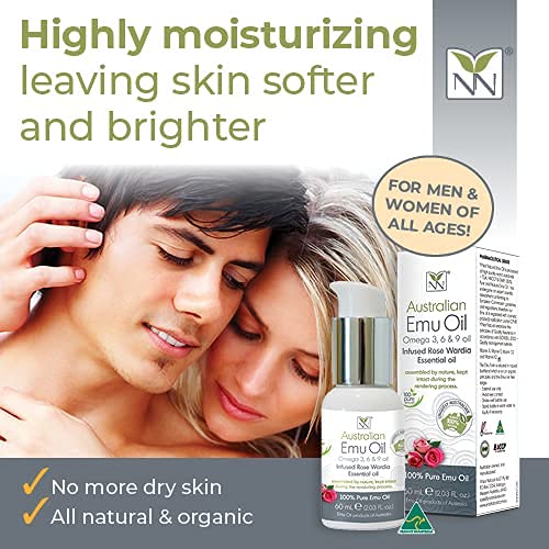 Y Not Natural Pure Emu Oil - Organic Moisture for Face, Body, Hair, Scalp & Nails - Rich in Omega 3-6-9, Vitamins & Essential Minerals - Australian Emu Oil (60ml) 2.03 fl oz - Rose Wardia