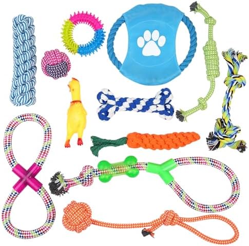 Dog Teething Chew Toys - 12 Pack Small Medium Breed Puppy Toy, Variety Dogs Rope Chew Toys Bundle for Boredom,Pet Interactive Squeaky Toys. Indestructible Cotton Puppy Teething Chew Tug Toys