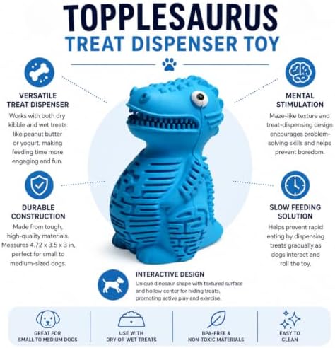 Topplesaurus Interactive Dog Treat Dispenser & Slow Feeder – Wobbly Dinosaur Tumbler Toy for Boredom & Anxiety Relief – Durable Puzzle Toy for Puppies and Medium Dogs